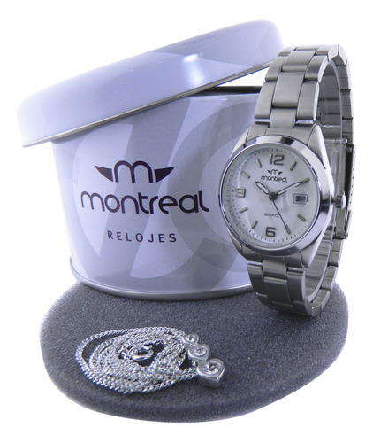 Combo Reloj Montreal Acero + Cadena + Dije + Estuche Ml1643
