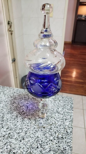 Caramelera De Cristal Tallado Azul De Bohemia Con Tapa
