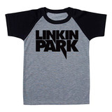 Camiseta Infantil Cinza Raglan Rock Banda Linkin Park (logo 