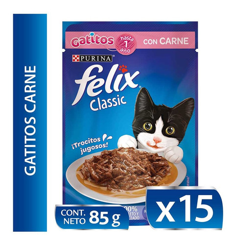 15x Alimento Para Gatos Felix Gatitos Carne 85gr Np