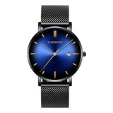 Reloj De Cuarzo Impermeable Y Simple Para Hombre Color De La Correa Negro Color Del Bisel Negro Color Del Fondo Azul