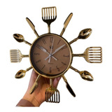 Relógio Parede P/ Cozinha Formato Talheres Quartz Dourado