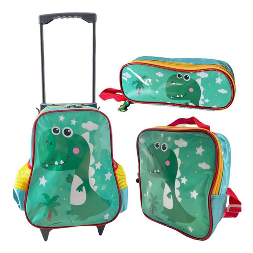 Kit Mochila Infantil Menino Roda Rodinha Dinossauro Baby