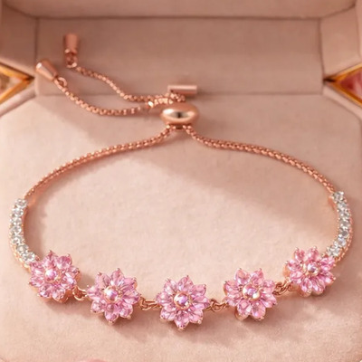 Pulsera Flores Rosa Oro Rosa Ajustable Tennis Mujer Regalo