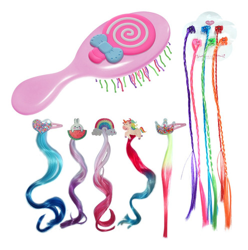 Extensiones De Cabello De Colores Para Niña Y Cepillo 11pz