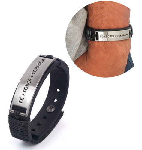 Pulseira Masculina Couro Fe + Força + Coragem Gospel 