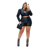 Macaquinho Plus Size Prada Manga Longa Cropped Transpassado