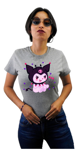 Hello Kitty Playera Gris Jaspe Kuromi Caricatura Cute