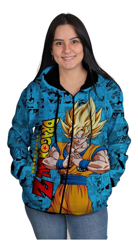 Blusa Moletom Anime Dragon Ball Z Com Ziper Cor Azul Ciano