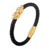 Pulsera De Cuero Calaveras Gold Hombre Rm 