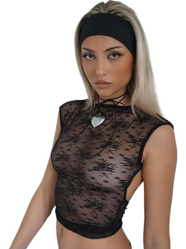 Camiseta Con Cuello Halter Y Espalda Descubierta De Encaje