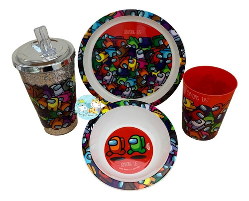 Set Bazar Plato Playo + Bowl + Vaso + Vaso Sorbete Among Us