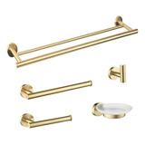 Kit De Acessórios De Banheiro Dourado Escovado Tubular Fabricado Em Aço Inox 5 Peças Premium