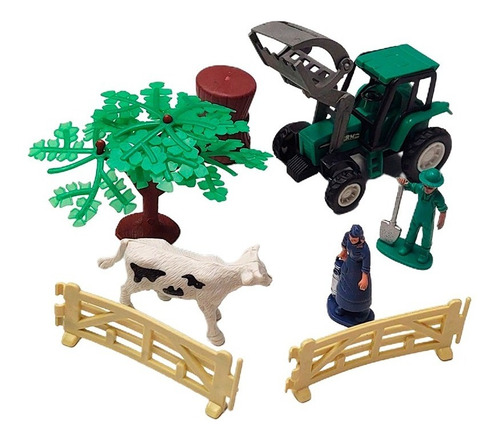 Set Tractor Con Acoplado Y Elementos Agro Animales 13 Pzs