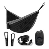 Hamaca Grande De Camping Negra Nylon Portatil Con Mosqueton