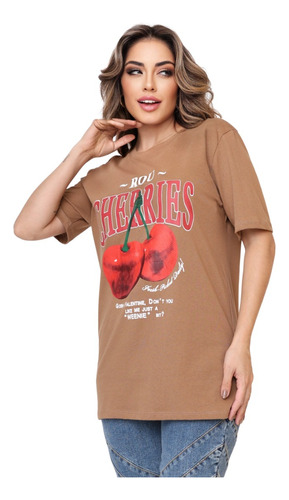 Camiseta Feminina T-shirt Estampa Cherry Cereja Tendência 