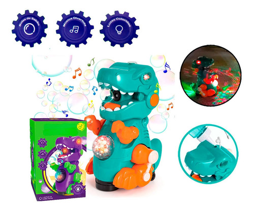 Dino Robo Solta Bolha De Sabão 22cm Gira 360º Som Luzes 3d