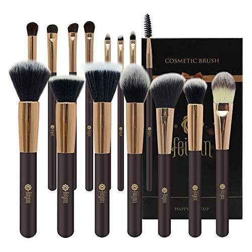 Set Brochas Maquillaje Profesional Feiyan 15pcs Café/oro