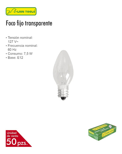 Foco Fijo Transparente 7.5 W 50 Pzs Lion Tools 2419 Lion Too