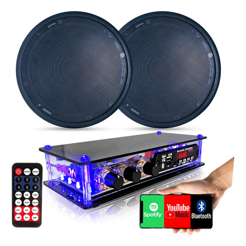 Kit Som Ambiente 2 Arandelas Pretas 6'' C/ Amplificador Bt