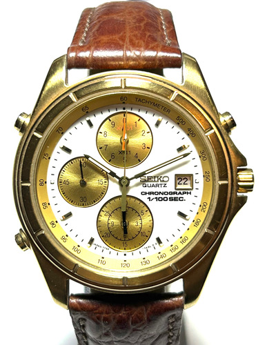 Reloj Seiko Cronógrafo Enchapado En Oro, Pulsera De Cuero.