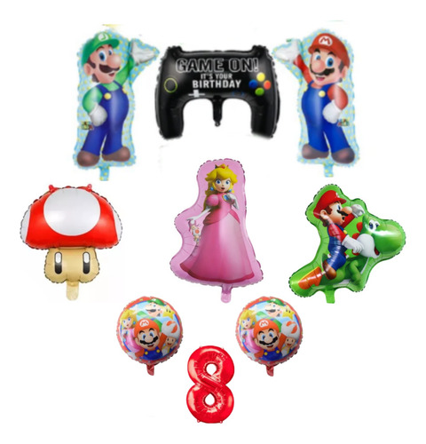 Pack Globos Mario Bros Luigi Princesa Peach Hongo Número 