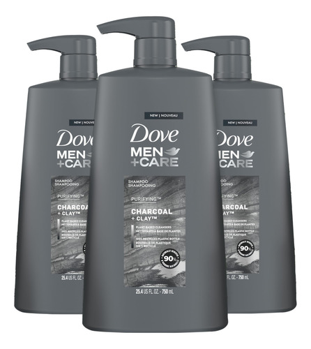 Dove Men + Care Champú De Carbón + Arcilla, 3 Unidades Pa.