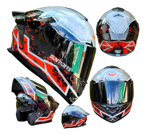 Casco Moto Kov Dc Comics Batman Abatible Rojo Lentes Y Luz