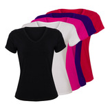 Kit 5 Blusas Camiseta Baby Look Gola V Manga Curta Atacado