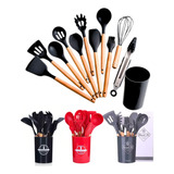 Kit C/ 12 Utensílios De Cozinha Em Silicone Cabo De Madeira