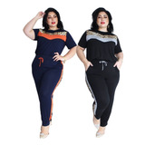 Kit 2 Conjuntos Feminino Plus Size Blusa Calça Listra Gg G3 