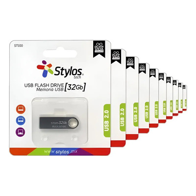 Pack 10 Memorias Usb 2.0 Stylos Tech St100-32gb Color Gris Metálica Plateado Liso