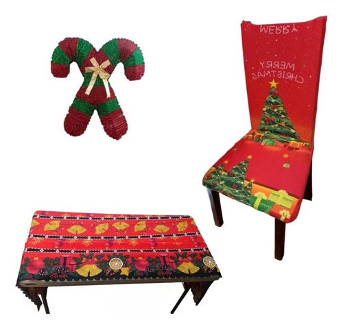 Set Navideño 6 Fundas Para Silla + 4 Bastones Con Mantel 