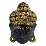 Máscara Cabeça De Buda Madeira Balsa Marrom Com Dourado 20cm