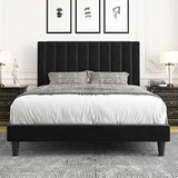 Bed Frame Aterciopelada Matrimonial Negra Allewie