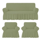 Cubre Sofa Sillón 100% Algodón Turco 3+1+1 Color Verde Claro Lisa Diseño 8