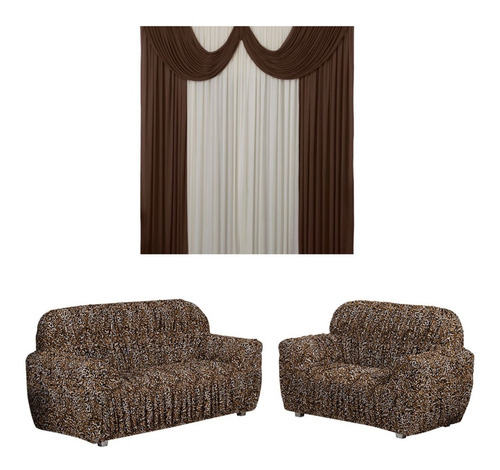 Capa Sofa 3x2 Lugares Estampada Malha Gel + Cortina 2 Metros