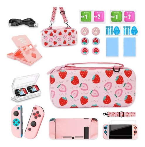 Estuche Protector Nintendo Switch Normal Fresa Rosa 22 En 1