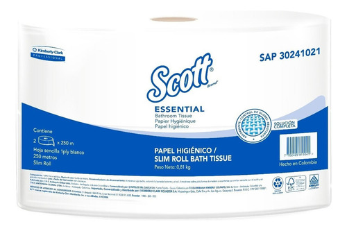 Papel Higienico Rollo Scott Essential,1h-250mtsx2uds