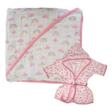 Kit Toalha De Banho Com Capuz+roupão Soft Bebe Nuvem Rosa