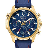 Relógio Masculino Pulseira De Couro Bulova Original 97b168 Cor Da Correia Azul Cor Do Bisel Dourado Cor Do Fundo Azul