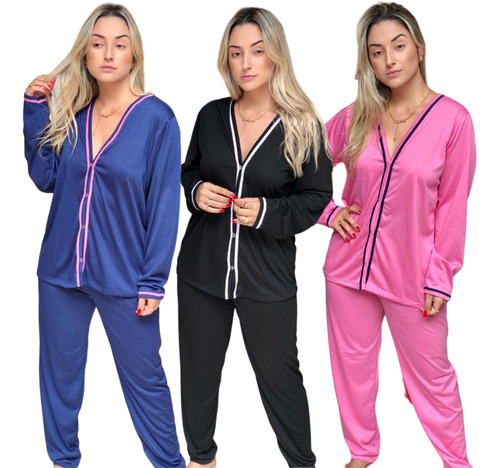 Kit 3 Pijama Feminino  Inverno Longo Com Botão Amamentação