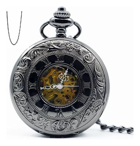 Reloj De Bolsillo Romano Mecanico Floral Negro Doble Tapa