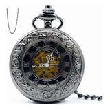 Reloj De Bolsillo Romano Mecanico Floral Negro Doble Tapa