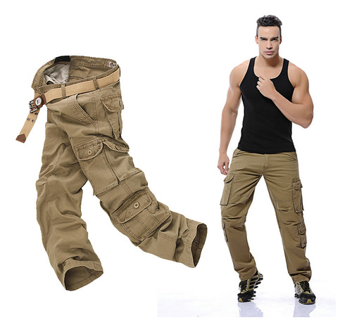 Pantalón Cargo Casual Con Varios Bolsillos, Talla Grande