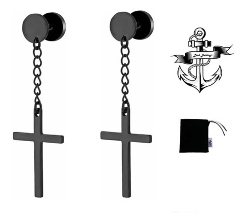 Par Aretes Hombre Cruz Colgantes Negros Piercing Premium L-d