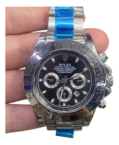 Relógio Masculino Rolex Daytona Prateado Com Acentos Em Pret