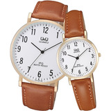 Reloj Q&q Pareja Regalo Ideal Qz02j104y Piel Marron