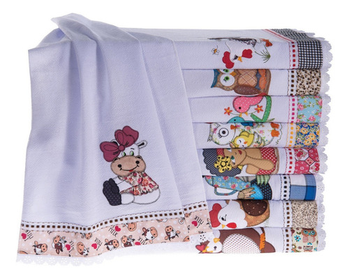 Panos De Cozinha Com 10 Unidades Bordado Patchwork Bainha Cor Branco