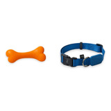 Brinquedo Ossinho + Coleira Para Cachorro Azul Ajustável - P